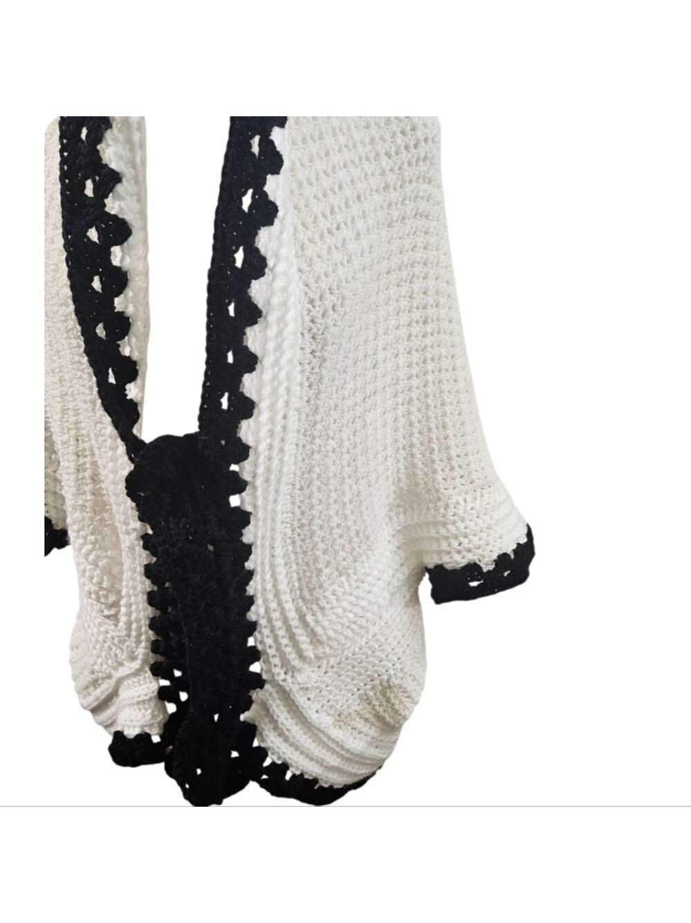 Handmade White Hand Knit Crochet Cocoon Cardigan Granny Square Black Open Front - Picture 7 of 17